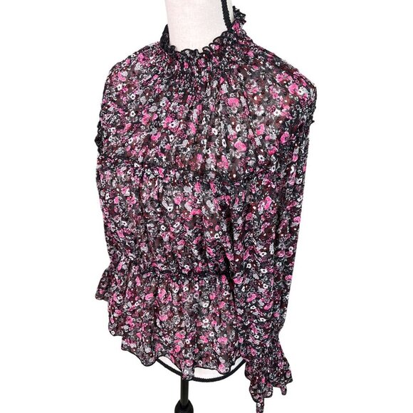 Zara Sheer Floral Smocked Ruffle Blouse Black Pink Puff Sleeve Top Sz Small - Picture 5 of 7